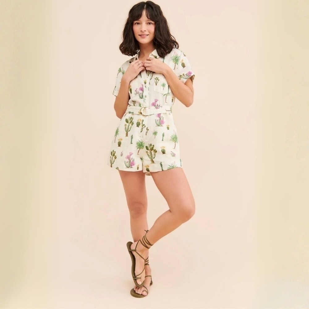 KIVARI Saguero Printed Playsuit Linen Utility Romper Desert Cactus‎ Print Size 4